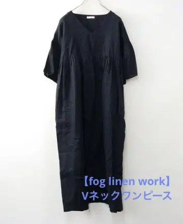 fog linen work 린넨 롱 원피스 네이비 V넥