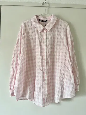 ZARA 시어 핑크 체크 무늬 셔츠 깅엄 체크 오버 사이즈