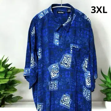 puritan 퓨리탄 빈티지 알로하 셔츠 파랑 기하학 패턴 3XL
