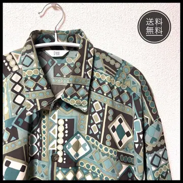 쇼와 레트로 기하학 패턴 셔츠 블루종 그린 L~XL 상당