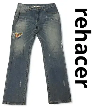 rehacer 레어 셀 데미지 가공 스트레이트 데님 꽃무늬 패치워크