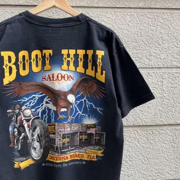 90s USA제 블랙 백 프린트 반팔 티셔츠 바이크 L 빈티지
