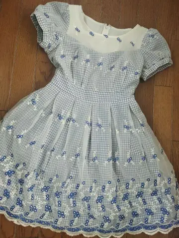 LIZLISA 택 없음 오간자 꽃 자수 깅엄 체크 반팔 원피스 미사용