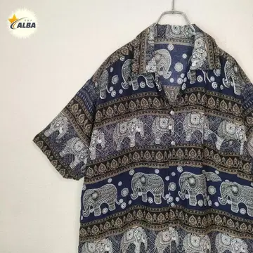 오픈 카라 셔츠 에스닉 패턴 동양인 레트로 빈티지 네이비 네이비