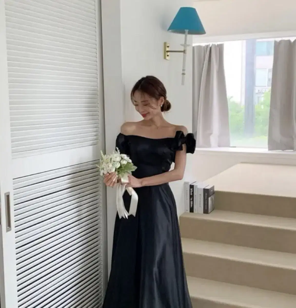 웨딩 블랙 오프숄더 롱원피스