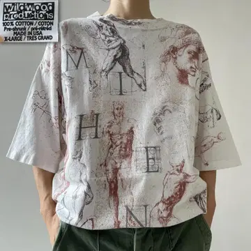 GG116 90s 레오나르도 다빈치 아트 티셔츠 올 패턴 멀티 프린트