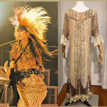 엘리펀트 패턴 레이스 소매 롱 원피스 에스닉 hide 코스프레