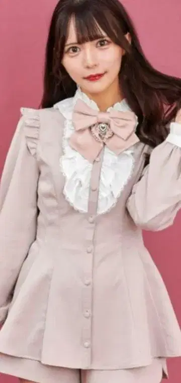 SecretHoney 액세서리 리본 긴팔 셋업 핑크