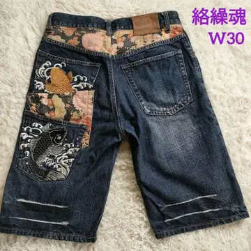 카라쿠리타마시 데님 하프 팬츠 일본풍 패턴 잉어 자수 3줄 포켓 W30