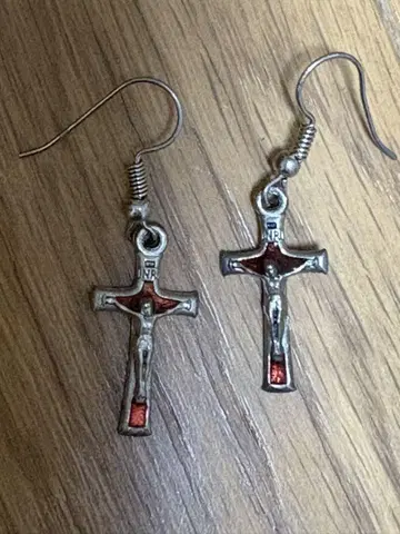 실버 빨간색 십자가 귀걸이 이탈리아제