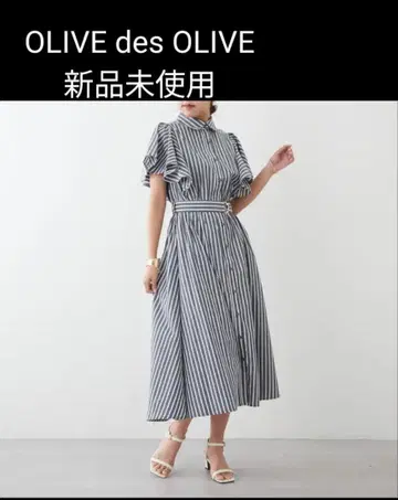 OLIVE des OLIVE 벨트 소매 플레어 스트라이프 셔츠 원피스