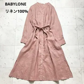바빌론 린넨 100% 롱 셔츠 원피스 핑크 허리 리본