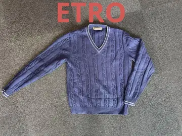 ETRO 네이비 V넥 케이블 짜임 스웨터