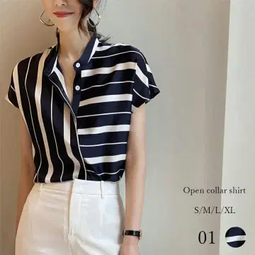 스트라이프 패턴 오픈 카라 셔츠