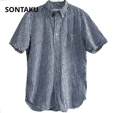 SONTAKU 셔츠 시어서커 버튼 다운 스트라이프 네이비 L