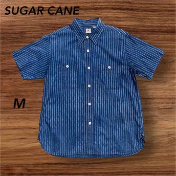 SUGAR CANE 반팔 스트라이프 워크 셔츠 네이비 M