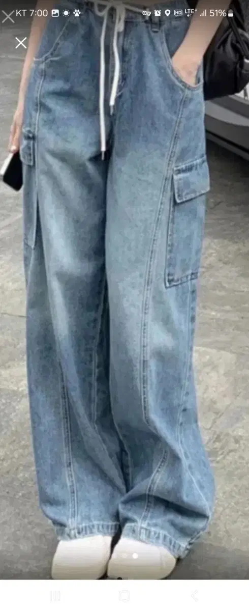 High-Waisted Cargo Banding Denim Pants, One Size