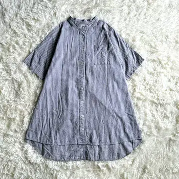 선 밸리 린넨 혼방 스트라이프 셔츠 튜닉 블루 그레이 계열 밴드 카라