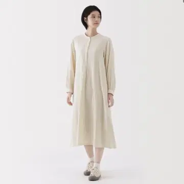 무인양품 여성 카폭 혼방 이중 거즈 긴팔 원피스