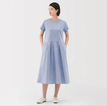 새상품 MUJI 무인양품 냉감 반팔 셔츠 원피스 색스 블루 스트라이프 S