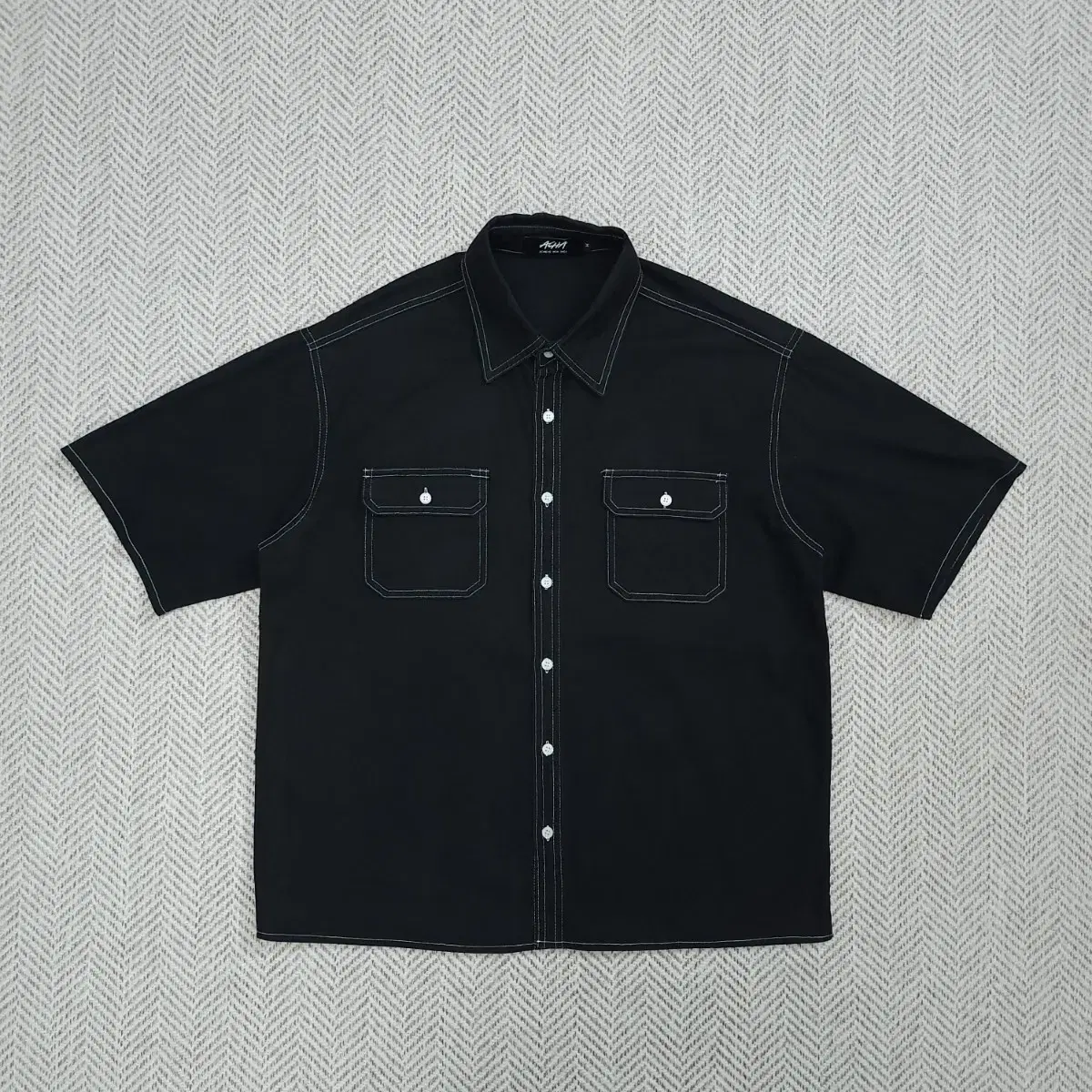 (M) Acha Men's Stitch Short Sleeve Shirt Black Nambang Street Casual F7-M557