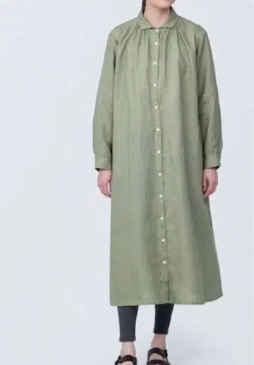 무인양품 L 린넨 워싱 긴팔 셔츠 원피스 새상품 라이트 그린