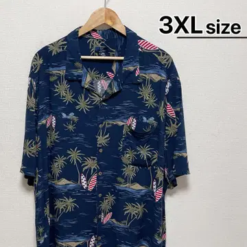 미국 구제 의류 알로하 셔츠 반팔 3XL 네이비 올 패턴 서핑 하와이안
