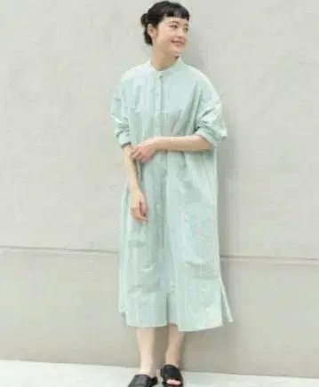 새상품급 카구레 kagure 코튼 린넨 스트라이프 셔츠 원피스 그린
