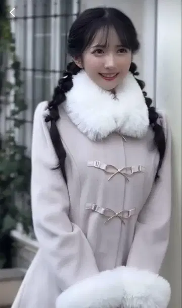 evelyn 퍼가 달린 얇은 핑크 울 코트 에블린 리본 비트 코트