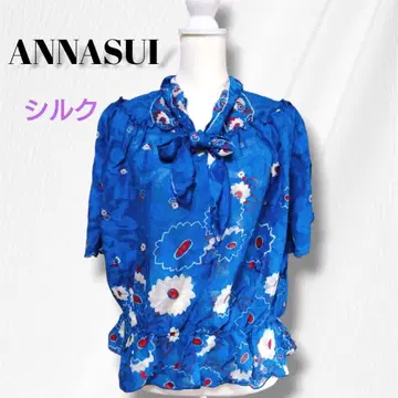 ANNASUI 실크 꽃무늬 리본 반팔 블라우스 블루 안나수이 쉬폰 M