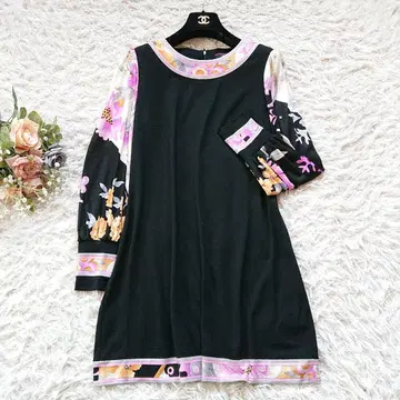 레오나르 꽃무늬 긴팔 미니 원피스 튜닉 울 실크 블랙