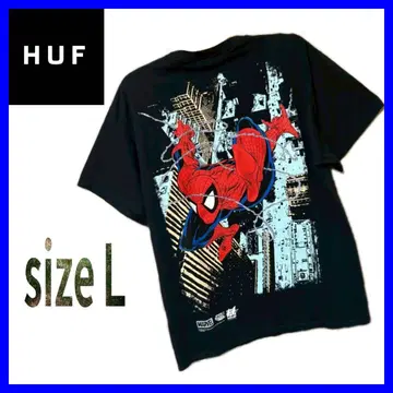 HUF 스파이더맨 반팔 티셔츠 L 사이즈 블랙 마블 프린트