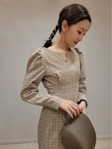 브라운 계열 체크 롱 원피스 S