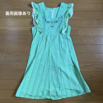 빈티지 그린 자수 튜닉 미니 원피스 레트로 1개 구제 의류