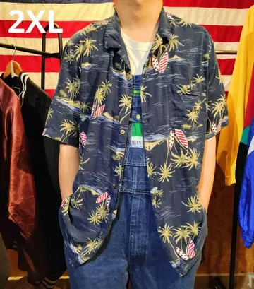 2XL 하와이안 셔츠 레이온 다크 네이비 USA 구제 의류