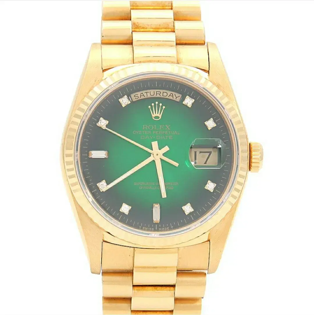 Rolex deydate 36mm dia 10P (after setting), Green Ombre keum