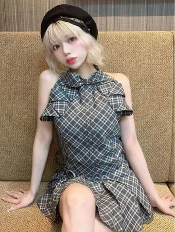 다리치 리본 체크 슬리브리스 블라우스 (그레이) 다리치
