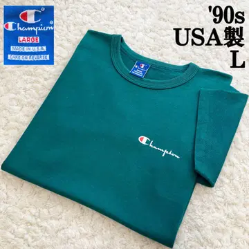 90s USA제 파랑 택 스크립트 로고 티셔츠 L 그린 그린 무지 블랭크