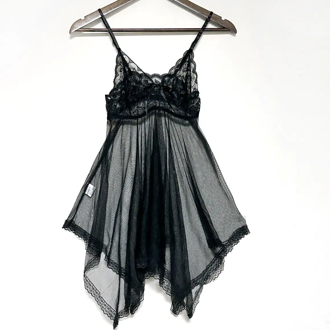 y2k mesh lace see-through ribbon unbalanced A-line spaghetti strap camisole slip tee Japanese vintage mori girl hagumi look