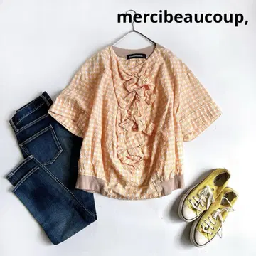 메르시보쿠 mercibeaucoup, 리본 포함 체크 블라우스 일본제
