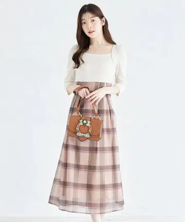 tocco closet 백 레이스업 시어 체크 도킹 원피스