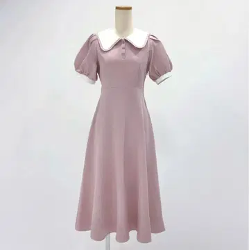 핑크 카라 부착 A 라인 원피스 반팔 양산 양산형 유니폼 롱 원피스