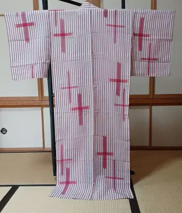 다이쇼 로망풍 사? 얇은 천 빨간색과 흰색 스트라이프 기모노