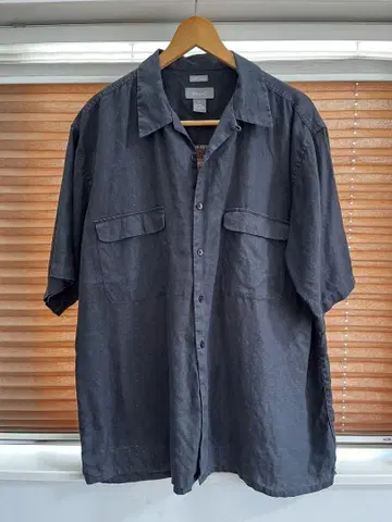 블랙 린넨 반팔 오픈 카라 셔츠 XL