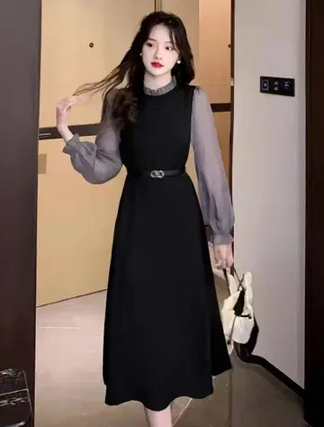 여성용 엘레강트 프렌치 스타일 A 라인 드레스 - 긴 하이넥 벨트 포함