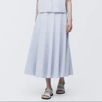 MUJI 무인양품 롱 스커트 플레어 스커트 체크 시원한 L 블루 화이트