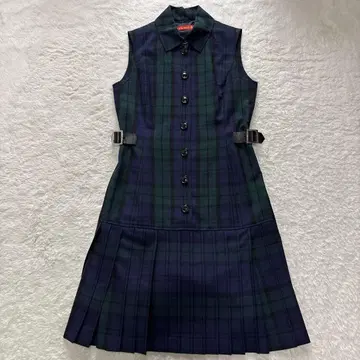 요크랜드 타탄 체크 플레어 원피스 슬리브리스 가죽 벨트