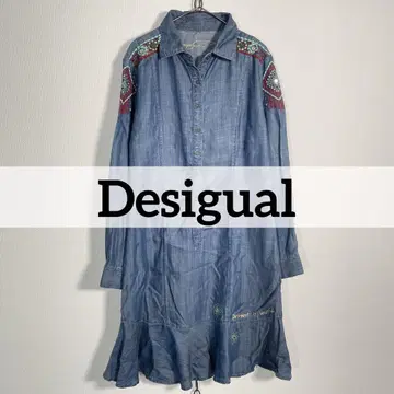 Desigual 샴브레 오리엔탈 플레어 원피스 자수 스팽글