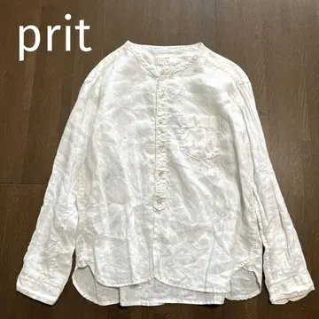 prit 프릿 린넨 100% 노카라 셔츠 블라우스 긴팔 화이트