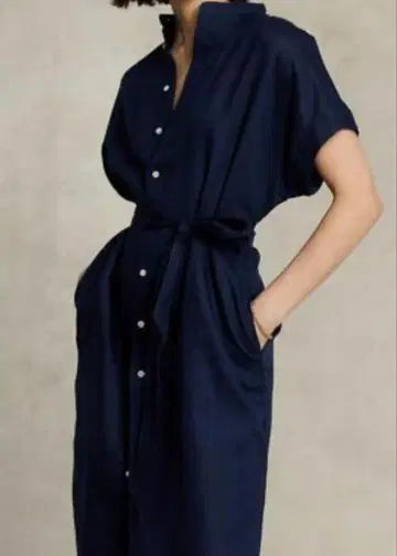 폴로 랄프 로렌 벨트 린넨 미디 셔츠 드레스 네이비